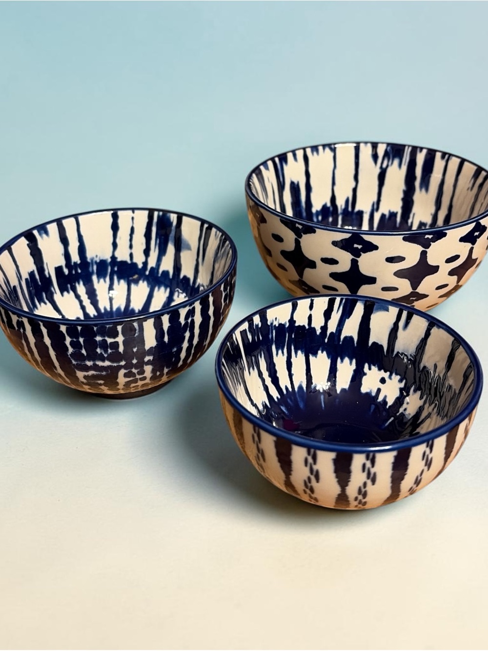 West Elm Blue and Cream Hand-Painted Ceramic Bowls - Set of 3